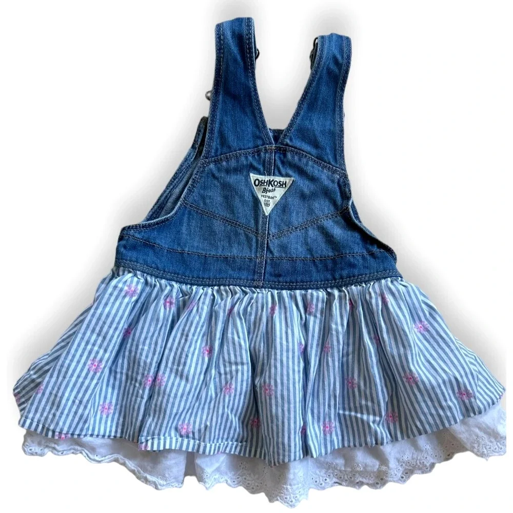 OshKosh B'gosh Overall Dress Striped Flower Eyelet Lace Ruffle Dress 2T